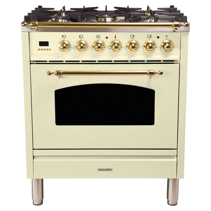 HALLMAN 30 in. Single Oven Dual Fuel Italian Range, Brass Trim in Antique White (HDFR30BSAW)