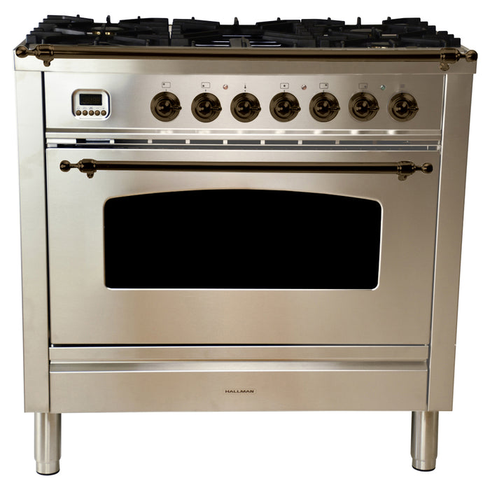 HALLMAN 36 in. Single Oven All Gas Italian Range, LP Gas, Bronze Trim in Stainless-steel (HGR36BZSSLP)