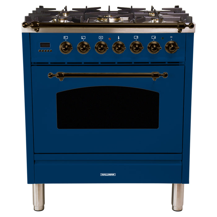 HALLMAN 30 in. Single Oven Dual Fuel Italian Range, LP Gas, Bronze Trim in Blue (HDFR30BZBULP)