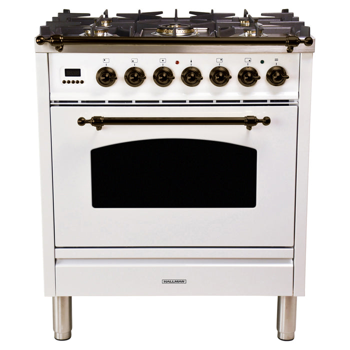 HALLMAN 30 in. Single Oven Dual Fuel Italian Range, Bronze Trim in White (HDFR30BZWT)