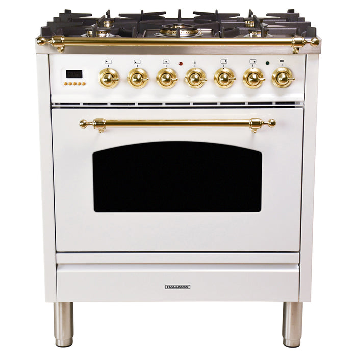 HALLMAN 30 in. Single Oven Dual Fuel Italian Range, Brass Trim in White (HDFR30BSWT)