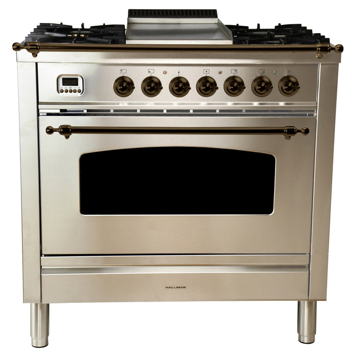 HALLMAN 36 in. Single Oven All Gas Italian Range, LP Gas, Bronze Trim in Stainless-steel (HGR36BZSSLP)