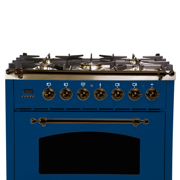 HALLMAN 30 in. Single Oven Dual Fuel Italian Range, LP Gas, Bronze Trim in Blue (HDFR30BZBULP)