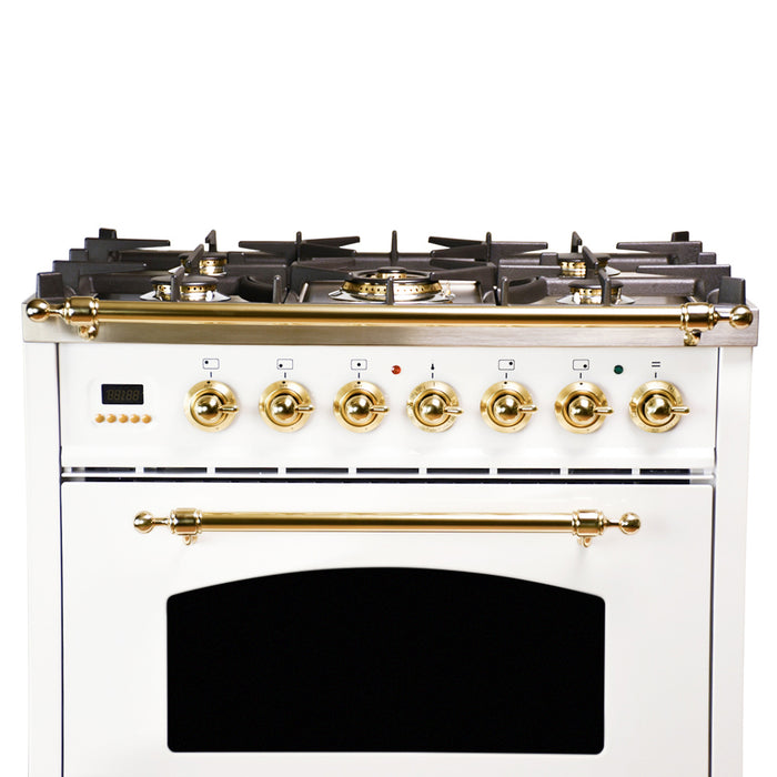 HALLMAN 30 in. Single Oven Dual Fuel Italian Range, Brass Trim in White (HDFR30BSWT)