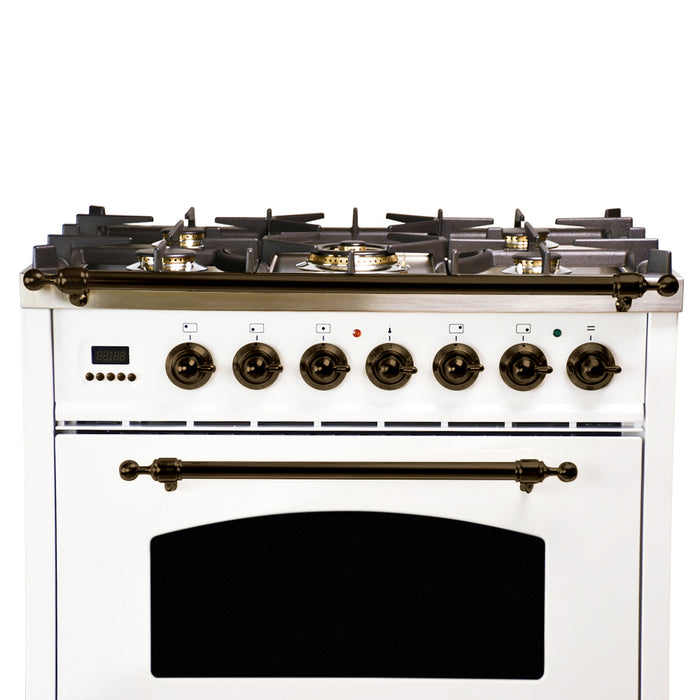 HALLMAN 30 in. Single Oven Dual Fuel Italian Range, Bronze Trim in White (HDFR30BZWT)