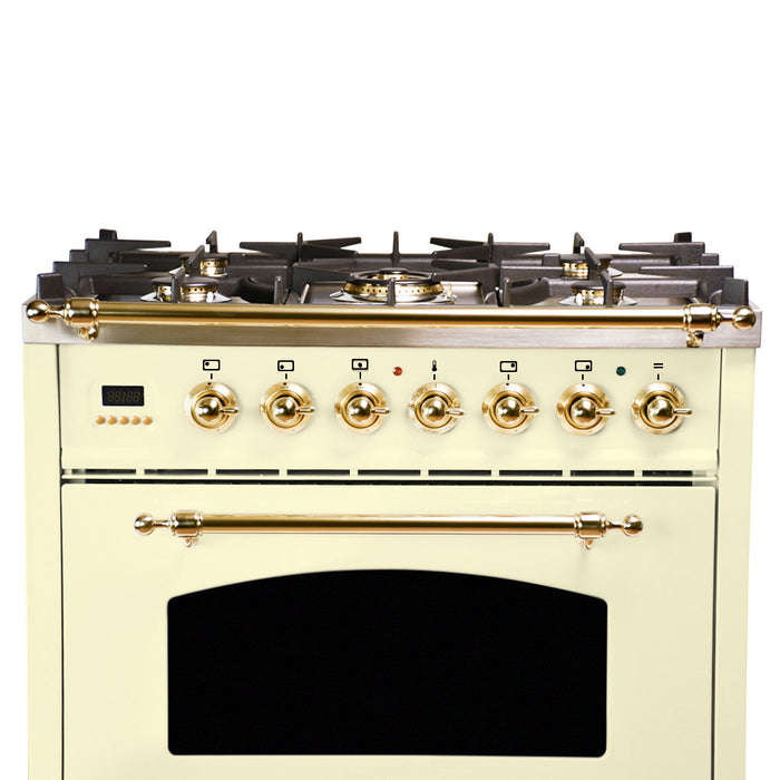 HALLMAN 30 in. Single Oven Dual Fuel Italian Range, Brass Trim in Antique White (HDFR30BSAW)