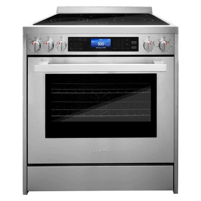 Cosmo 4-Piece Appliance Package - 30-Inch Single Oven Electric Range, Wall Mount Range Hood, Dishwasher and Refrigerator (COS-4PKG-176)