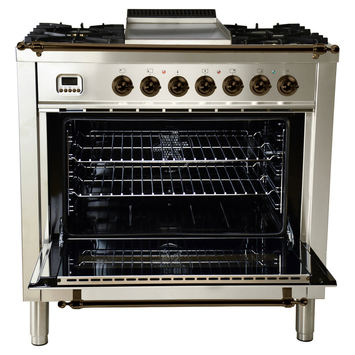 HALLMAN 36 in. Single Oven All Gas Italian Range, LP Gas, Bronze Trim in Stainless-steel (HGR36BZSSLP)