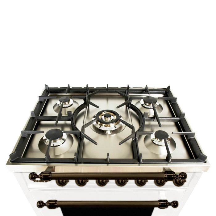 HALLMAN 30 in. Single Oven Dual Fuel Italian Range, Bronze Trim in White (HDFR30BZWT)