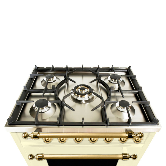 HALLMAN 30 in. Single Oven Dual Fuel Italian Range, Brass Trim in Antique White (HDFR30BSAW)