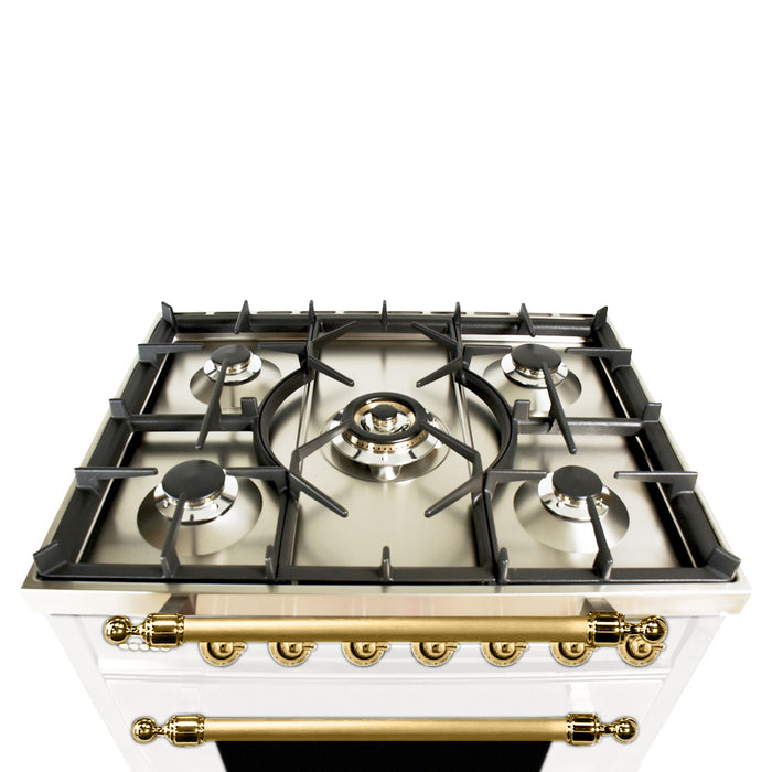 HALLMAN 30 in. Single Oven Dual Fuel Italian Range, Brass Trim in White (HDFR30BSWT)