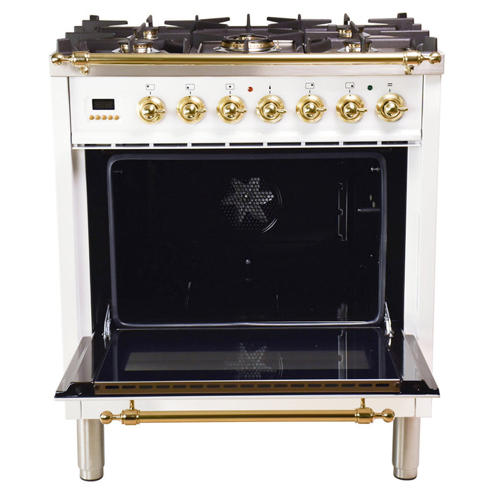 HALLMAN 30 in. Single Oven Dual Fuel Italian Range, Brass Trim in White (HDFR30BSWT)