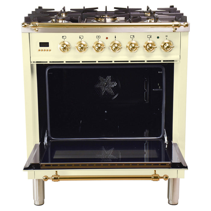 HALLMAN 30 in. Single Oven Dual Fuel Italian Range, Brass Trim in Antique White (HDFR30BSAW)