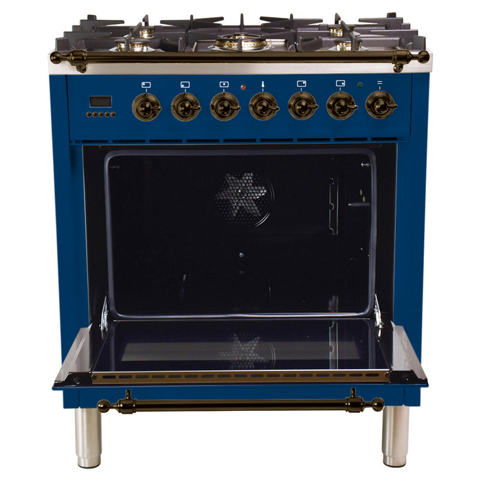 HALLMAN 30 in. Single Oven Dual Fuel Italian Range, LP Gas, Bronze Trim in Blue (HDFR30BZBULP)