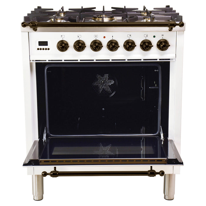 HALLMAN 30 in. Single Oven Dual Fuel Italian Range, Bronze Trim in White (HDFR30BZWT)