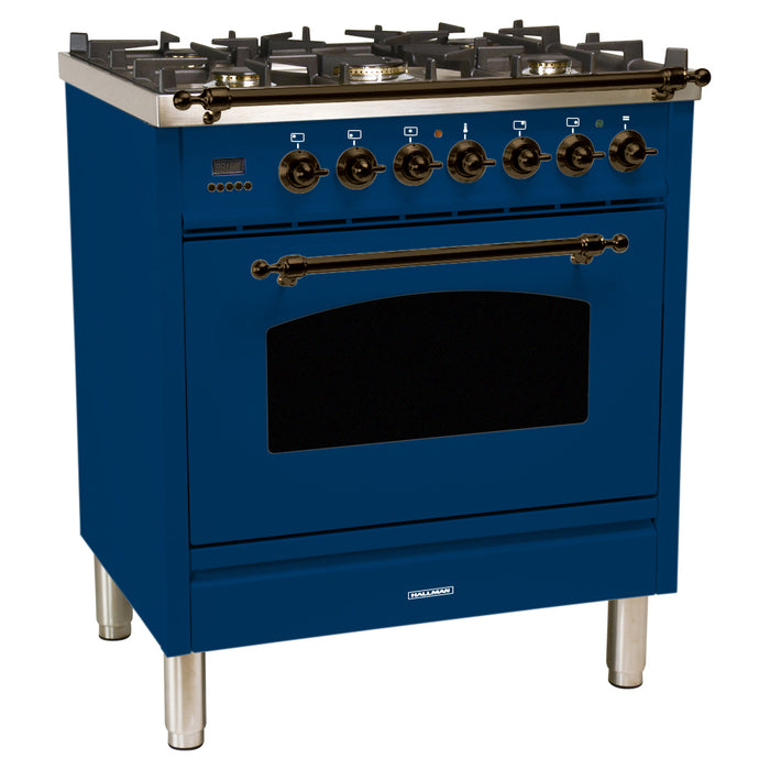 HALLMAN 30 in. Single Oven Dual Fuel Italian Range, LP Gas, Bronze Trim in Blue (HDFR30BZBULP)