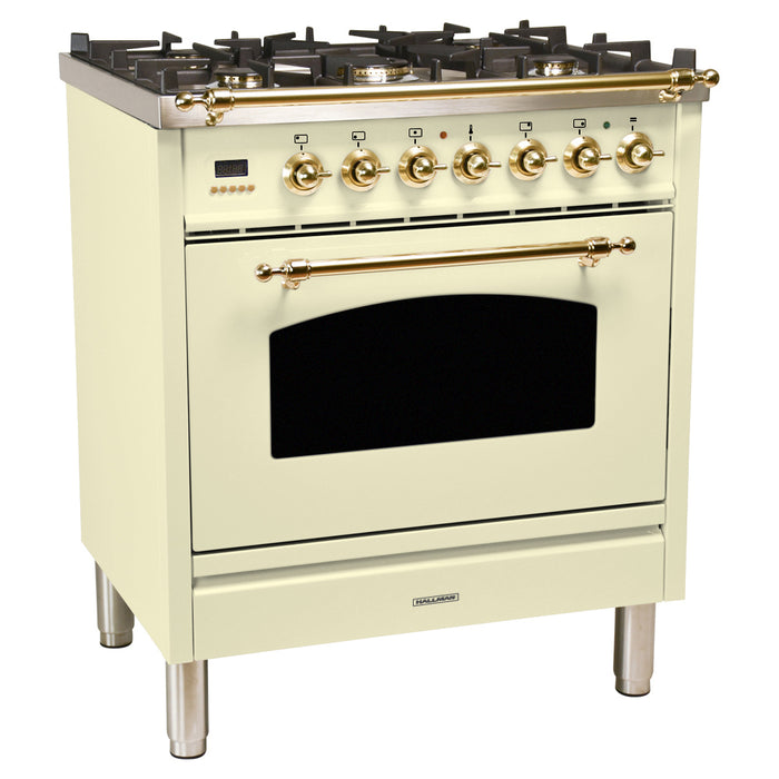 HALLMAN 30 in. Single Oven Dual Fuel Italian Range, Brass Trim in Antique White (HDFR30BSAW)