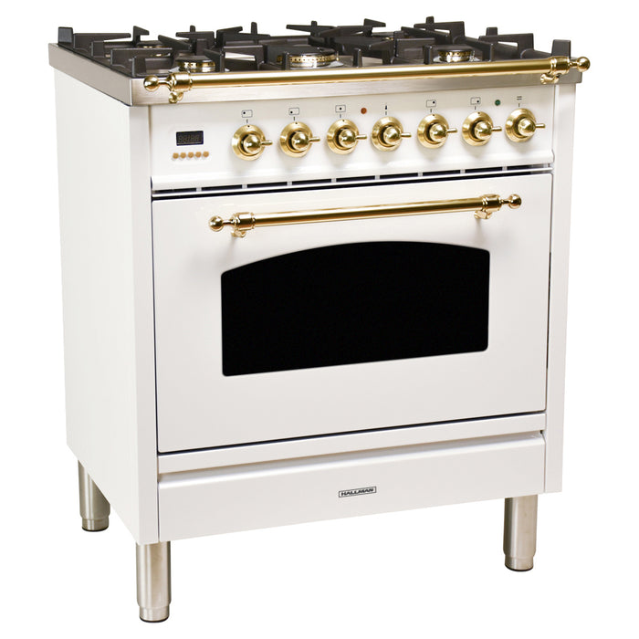 HALLMAN 30 in. Single Oven Dual Fuel Italian Range, Brass Trim in White (HDFR30BSWT)