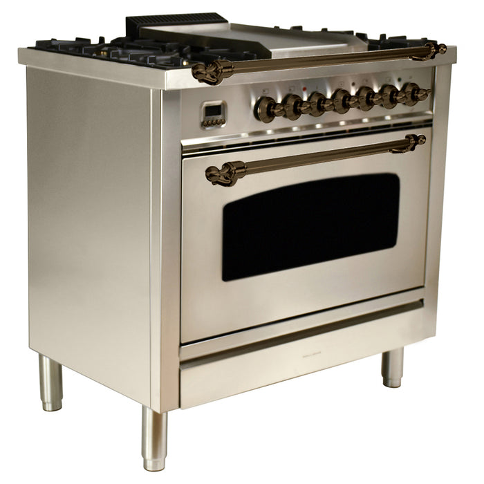 HALLMAN 36 in. Single Oven All Gas Italian Range, LP Gas, Bronze Trim in Stainless-steel (HGR36BZSSLP)