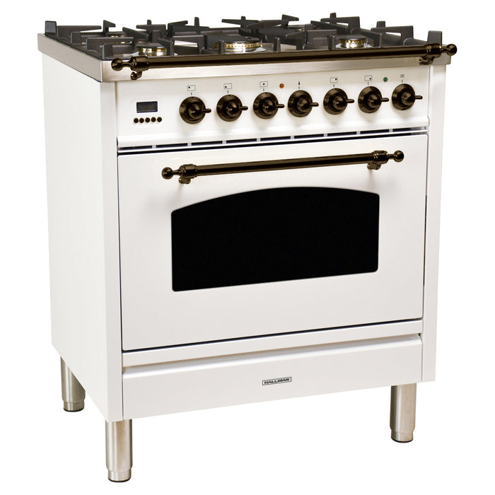 HALLMAN 30 in. Single Oven Dual Fuel Italian Range, Bronze Trim in White (HDFR30BZWT)