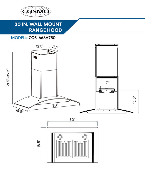 Cosmo 4-Piece Appliance Package - 30-Inch Dual Fuel Range, Wall Mount Range Hood, Dishwasher and Refrigerator in Stainless Steel (COS-4PKG-180)