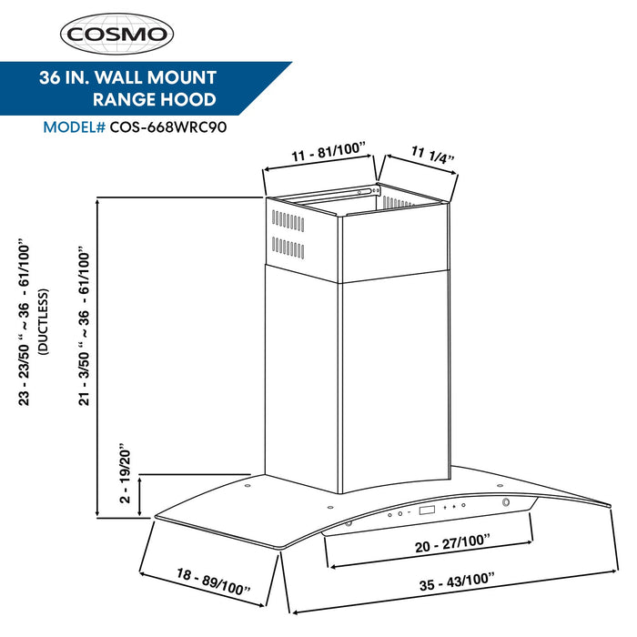 Cosmo 36-Inch 380 CFM Ducted Wall Mount Range Hood in Stainless Steel with Tempered Glass (COS-668WRC90)