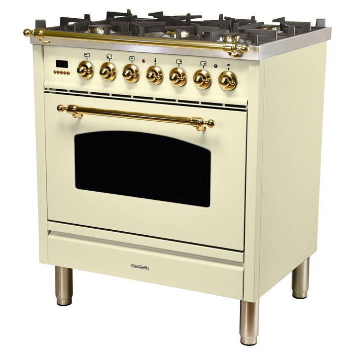 HALLMAN 30 in. Single Oven Dual Fuel Italian Range, Brass Trim in Antique White (HDFR30BSAW)