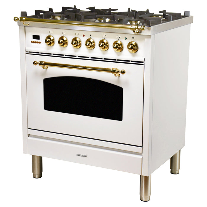 HALLMAN 30 in. Single Oven Dual Fuel Italian Range, Brass Trim in White (HDFR30BSWT)