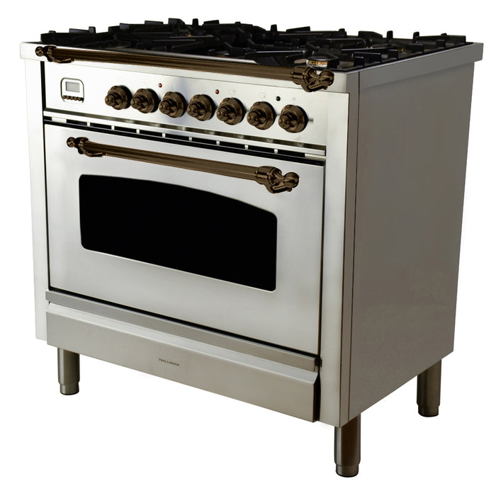 HALLMAN 36 in. Single Oven All Gas Italian Range, LP Gas, Bronze Trim in Stainless-steel (HGR36BZSSLP)