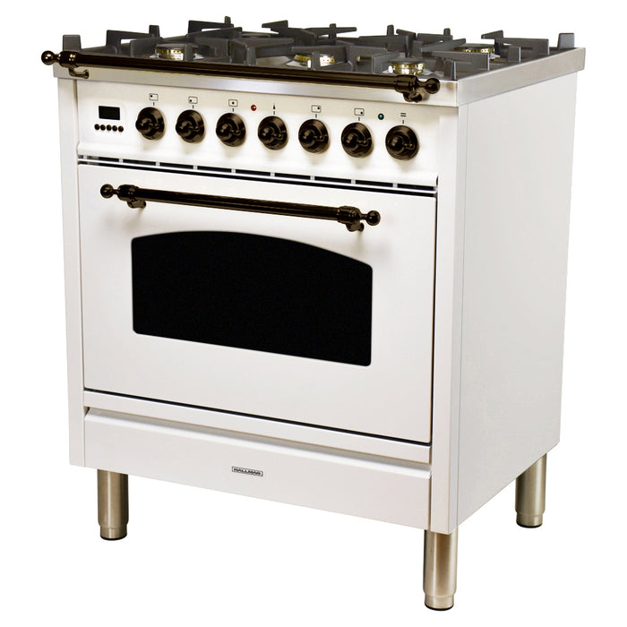 HALLMAN 30 in. Single Oven Dual Fuel Italian Range, Bronze Trim in White (HDFR30BZWT)