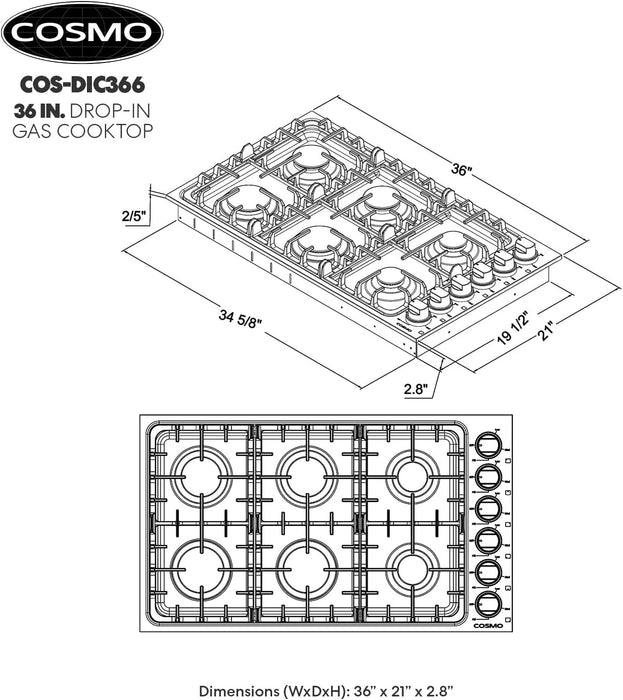 Cosmo 36-Inch Gas Cooktop with 6 Burners in Stainless Steel (COS-DIC366)