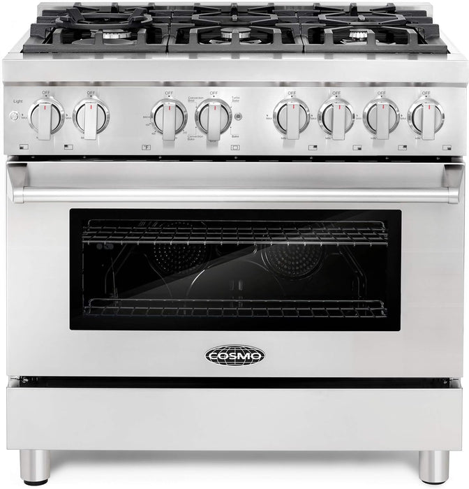 Cosmo 4-Piece Appliance Package - 36-Inch Dual Fuel Range, Wall Mount Range Hood, Dishwasher and Refrigerator in Stainless Steel (COS-4PKG-022)