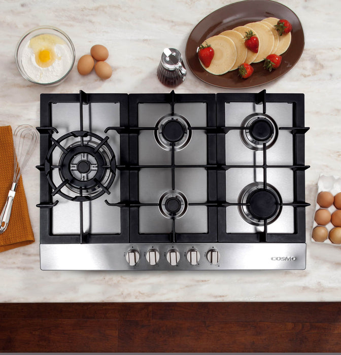 Cosmo 30-Inch Gas Cooktop with 5 Brass Burners in Stainless Steel (COS-850SLTX-E)