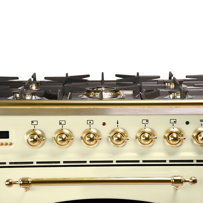 HALLMAN 30 in. Single Oven Dual Fuel Italian Range, Brass Trim in Antique White (HDFR30BSAW)