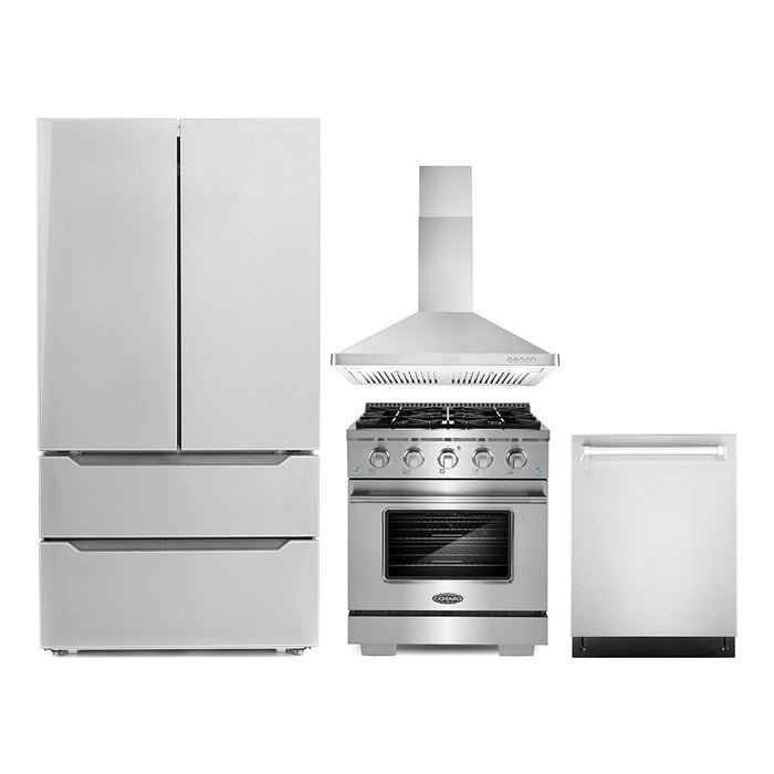 Cosmo 4-Piece Appliance Package - 30-Inch Gas Range, Wall Mount Range Hood, Dishwasher, and Refrigerator in Stainless Steel (COS-4PKG-008)