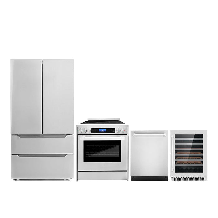 Cosmo 4-Piece Appliance Package - 30-Inch Single Oven Electric Range, Dishwasher, Refrigerator, and Wine Cooler in Stainless Steel (COS-4PKG-010)