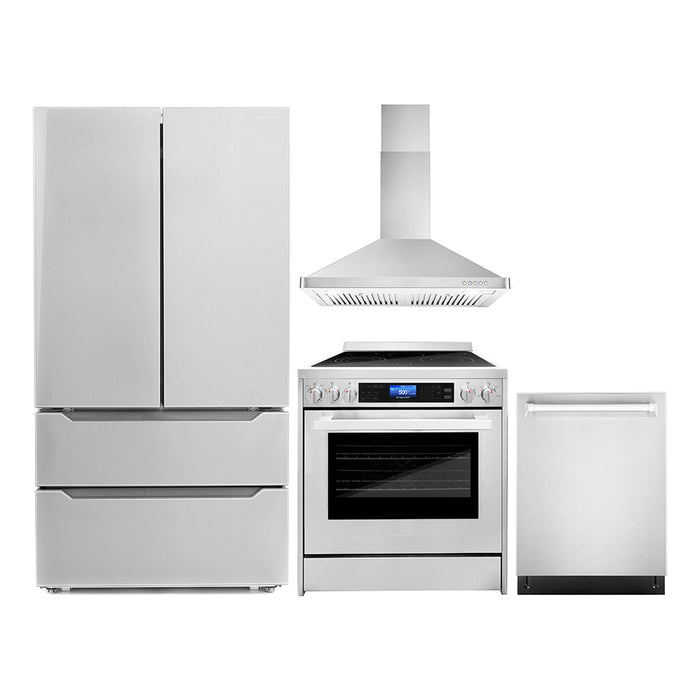 Cosmo 4-Piece Appliance Package - 30-Inch Single Oven Electric Range, Wall Mount Range Hood, Dishwasher, and Refrigerator in Stainless Steel (COS-4PKG-012)