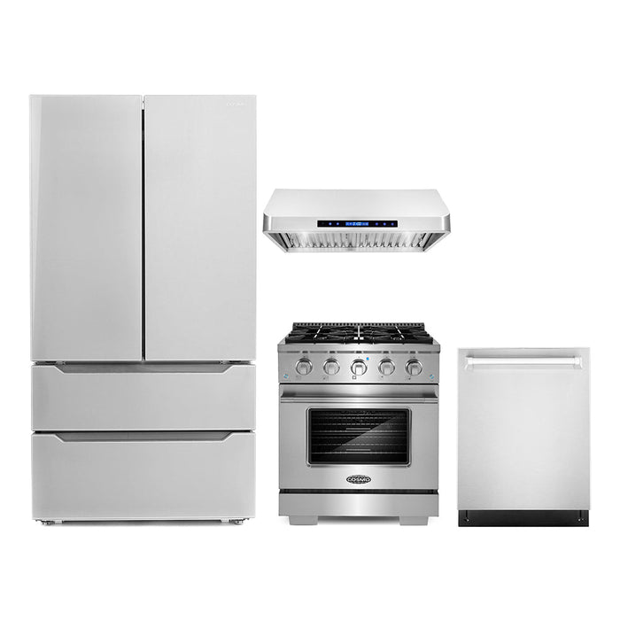 Cosmo 4-PIece Appliance Package - 30-Inch Gas Range, Under Cabinet Range Hood, Dishwasher and Refrigerator in Stainless Steel (COS-4PKG-018)