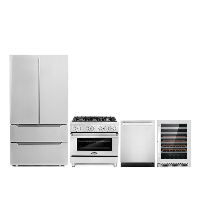 Cosmo 4-Piece Appliance Package - 36-Inch Dual Fuel Range, Dishwasher, Refrigerator and Wine Cooler in Stainless Steel (COS-4PKG-021)