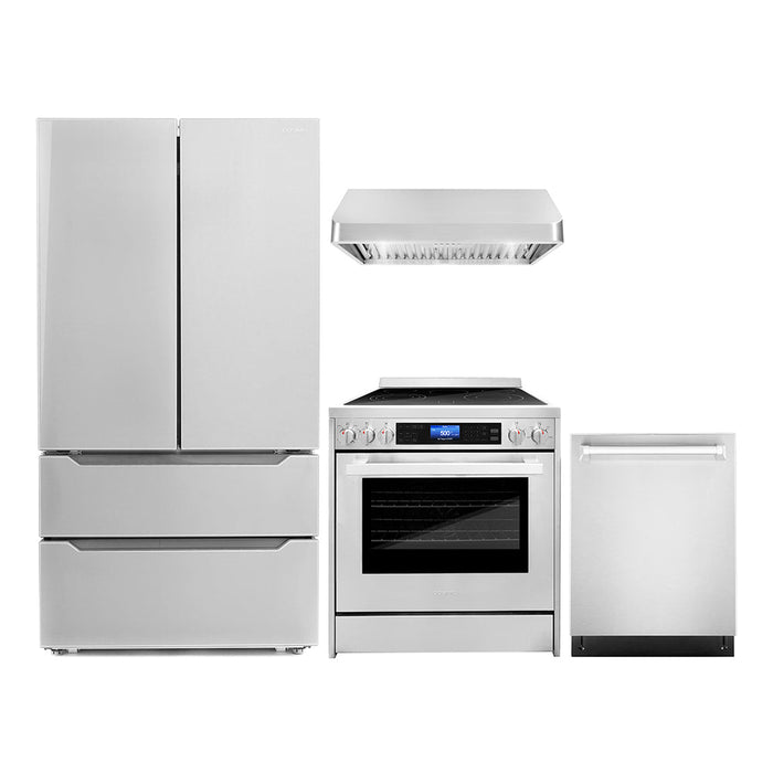 Cosmo 4-Piece Appliance Package - 30-Inch Single Oven Electric Range, Under Cabinet Range Hood, Dishwasher, and Refrigerator in Stainless Steel (COS-4PKG-029)