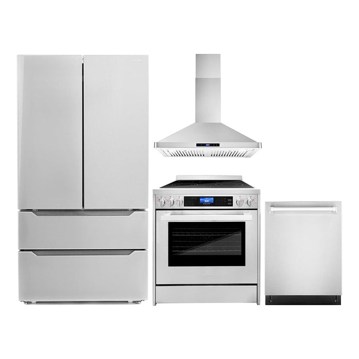 Cosmo 4-Piece Appliance Package - 30-Inch Single Oven Electric Range, Wall Mount Range Hood, Dishwasher, and Refrigerator in Stainless Steel (COS-4PKG-031)