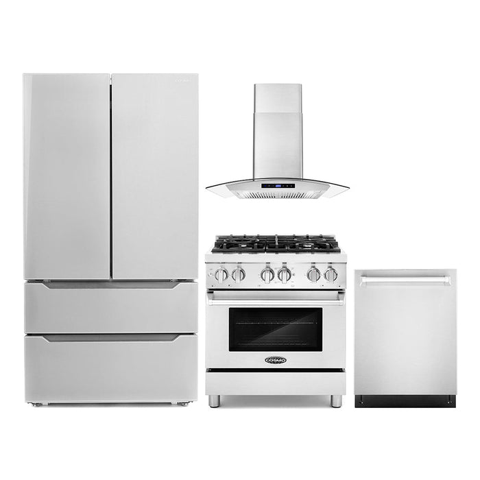 Cosmo 4-Piece Appliance Package - 30-Inch Dual Fuel Range, wall Mount Range Hood, Dishwasher and Refrigerator in Stainless Steel (COS-4PKG-044)