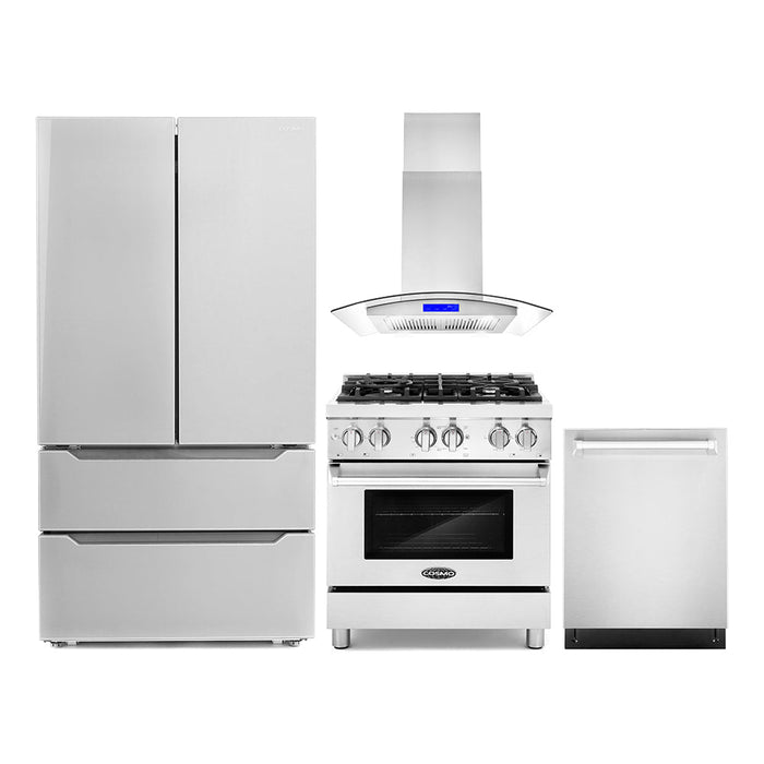 Cosmo 4-Piece Appliance Package - 30-Inch Dual Fuel Range, Island Range Hood, Dishwasher and Refrigerator in Stainless Steel (COS-4PKG-045)