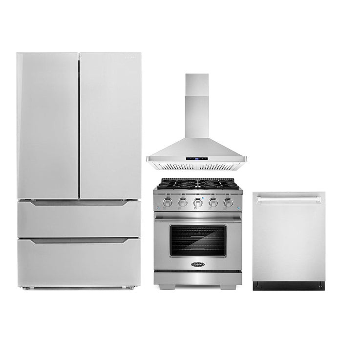 Cosmo 4-Piece Appliance Package - 30-Inch Gas Range, Wall Mount Range Hood, Dishwasher, and Refrigerator in Stainless Steel (COS-4PKG-049)