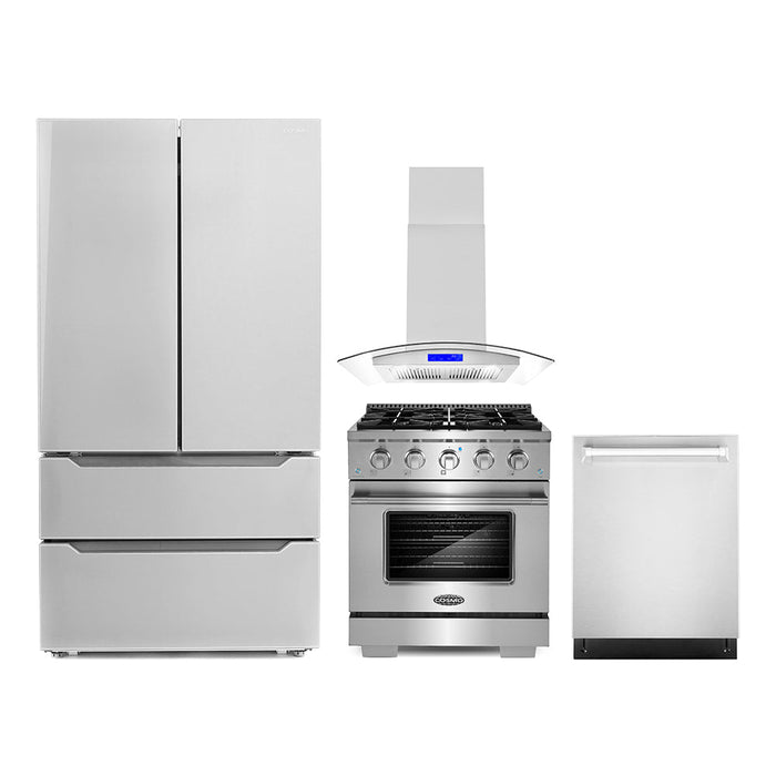 Cosmo 4-Piece Appliance Package - 30-Inch Gas Range, Island Range Hood, Dishwasher, and Refrigerator in Stainless Steel (COS-4PKG-051)