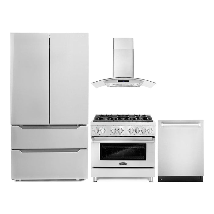 Cosmo 4-Piece Appliance Package - 36-Inch Dual Fuel Range, Wall Mount Range Hood, Dishwasher and Refrigerator in Stainless Steel (COS-4PKG-062)