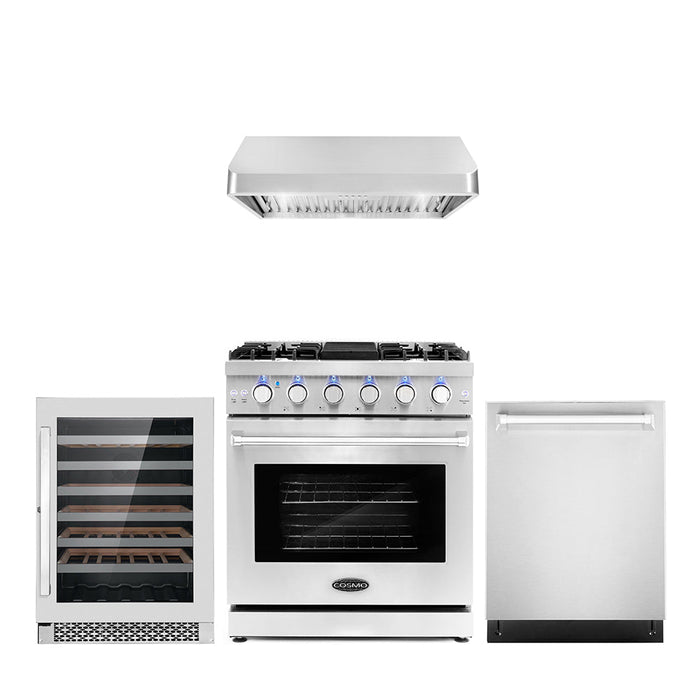 Cosmo 4-Piece Appliance Package - 30-Inch Gas Range, Under Cabinet Range Hood, Dishwasher and Wine Cooler in Stainless Steel (COS-4PKG-092)