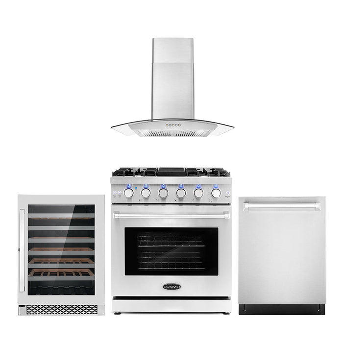 Cosmo 4-Piece Appliance Package - 30-Inch Gas Range, Wall Mount Range Hood, Dishwasher and Wine Cooler in Stainless Steel (COS-4PKG-094)