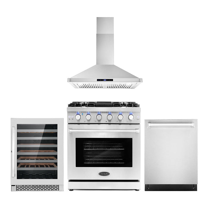 Cosmo 4-Piece Appliance Package - 30-Inch Gas Range, Wall Mount Range Hood, Dishwasher and Wine Cooler in Stainless Steel (COS-4PKG-096)