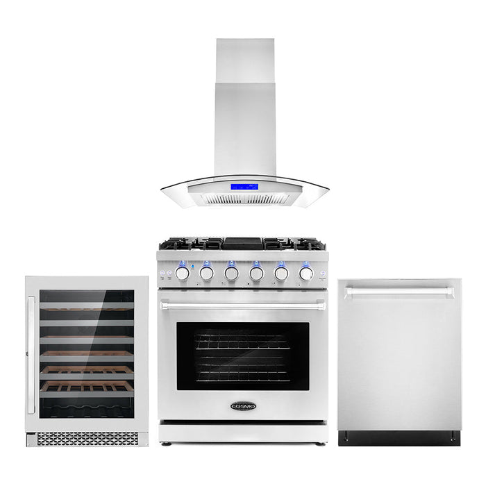 Cosmo 4-Piece Appliance Package - 30-Inch Gas Range, Island Range Hood, Dishwasher and Wine Cooler in Stainless Steel (COS-4PKG-100)